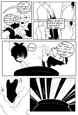 ambiguous_gender armor bottomless butt casual_exposure casual_nudity clothed clothed/nude clothing covering covering_crotch covering_self embarrassed erection genitals gloves handwear male nude penis scarf text unwanted_erection saikoart deltarune undertale_(series) kris_dreemurr ralsei comic english_text hi_res monochrome