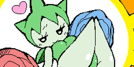 abstract_background breasts female green_hair hair heart_symbol legs_up looking_at_viewer lying simple_background solo sun text conditional_dnp exed_eyes nintendo pokemon generation_3_pokemon humanoid pokemon_(species) roselia japanese_text low_res translated