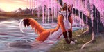 anthro blue_eyes breasts female fog fur genitals grass hair lake light looking_away morning mountain nipples nude nude_anthro nude_female outside partially_submerged plant pussy slim solo sunlight tail tree water wet wet_body wet_fur wet_hair wet_hands wet_tail seraphimka_(artist) canid canine fox mammal hi_res