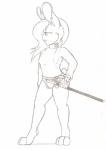 anthro buckteeth clothed clothing female fur hair melee_weapon rapier sabre_(weapon) solo standing sword teeth weapon denzeltip lagomorph leporid mammal rabbit absurd_res hi_res monochrome