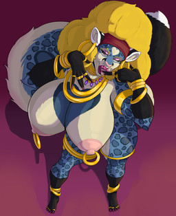 anthro areola big_areola big_breasts blonde_hair breasts convenient_censorship ear_piercing female fluffy fluffy_tail fur hair huge_areola huge_breasts jewelry lips markings multicolored_body multicolored_fur nipple_piercing nipples piercing ring solo spots spotted_body spotted_fur tail thick_thighs wide_hips pillowymounds tiffany_valentine felid feline mammal pantherine snow_leopard hi_res