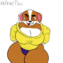 anthro big_breasts big_butt bottomwear breasts brown_body brown_fur butt clothing crossgender curvy_figure female fur looking_at_viewer multicolored_body naughty_face panties purple_clothing purple_panties purple_underwear shirt slightly_chubby slightly_chubby_female solo sweater thick_thighs tongue tongue_out topwear two_tone_body underwear white_body white_fur yellow_clothing yellow_shirt yellow_sweater yellow_topwear kaikalitsu paw_patrol rubble_(paw_patrol) bulldog canid canine canis domestic_dog english_bulldog mammal mastiff molosser 1:1 absurd_res hi_res