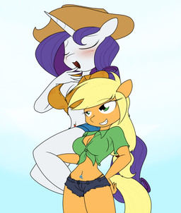 anthro big_breasts blonde_hair bottomwear breasts cleavage clothed clothing cowboy_hat cowgirl_outfit denim denim_bottomwear denim_clothing denim_shorts duo eyes_closed female fingers freckles fur green_eyes hair hand_on_hip hat headgear headwear horn lifting lifting_partner long_hair midriff navel navel_pendant navel_piercing orange_body orange_fur piercing purple_hair shirt shorts simple_background smile teeth thong tied_shirt topwear underwear white_body white_fur sandwich-anomaly friendship_is_magic hasbro my_little_pony mythology applejack_(mlp) rarity_(mlp) equid equine horse mammal mythological_creature mythological_equine pony unicorn 2015 digital_media_(artwork)
