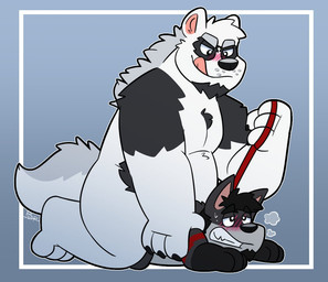 anthro black_body black_fur blush collar dominant duo fur grey_body grey_fur larger_dom larger_male leash leash_pull male male/male overweight overweight_male size_difference smaller_male tongue tongue_out white_body white_fur thepandobo bear canid canine canis giant_panda hybrid mammal wolf 2021
