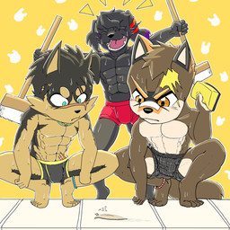 abs adolescent anthro bodily_fluids boxers_(clothing) bulge clothed clothing group male muscular muscular_male muscular_young pecs scar sponge sweat topless trio underwear underwear_only young young_anthro young_male sakai_(artist) taisei_yotsukado xiaozhuang_(leeksaltboy) canid canine canis domestic_dog gastropod mammal mollusk slug wolf 1:1 hi_res