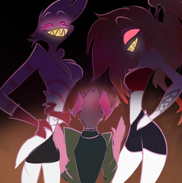 1_eye big_hair blush bottomwear clothing female glowing glowing_eyes group hair horn male shadow skirt trio white_body unknown_artist hazbin_hotel hellaverse angel_dust cherri_bomb_(hazbin_hotel) arachnid arthropod cyclops demon spider