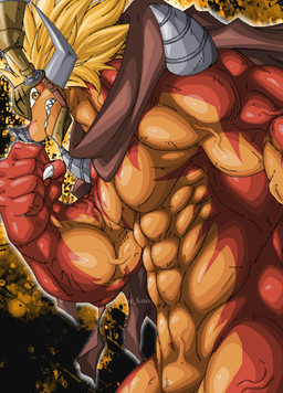 abs anthro biceps blonde_hair hair horn male multicolored_body nude obliques orange_body orange_skin pecs solo vein veiny_muscles guzu_kuo bushiroad future_card_buddyfight mythology drum_bunker_dragon dragon mythological_creature mythological_scalie scalie