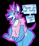 2018 5_fingers alpha_channel anthro blue_body blue_fur bottomless canid canine canis clothed clothing domestic_dog english_text female fingers front_view fur hair looking_at_viewer mammal merci_(virushunter) open_mouth orange_eyes purple_hair reaction_image sharp_teeth shirt simple_background solo speech_bubble standing teeth text topwear transparent_background t-shirt virushunter