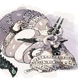anthro belly belly_squish big_belly big_breasts big_butt black_horn black_wings breasts butt cloth eyelashes feet female grey_body hair horn huge_breasts long_tail looking_at_viewer lying nipple_outline obese obese_anthro obese_female on_front overweight overweight_anthro overweight_female pointed_tail runes simple_background solo squish tail text thick_tail white_body white_hair wings wrappings hyploom mythology gwyneth_(hyploom) demon dragon mythological_creature mythological_scalie scalie 2025 english_text hi_res