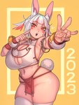 big_breasts bottomwear breasts cleavage_cutout clothing curvy_figure cutout female foreshortening hair huge_breasts legwear loincloth navel pelvic_curtain red_eyes solo thigh_highs white_hair kelvin_hiu chinese_zodiac year_of_the_rabbit animal_humanoid humanoid lagomorph lagomorph_humanoid leporid_humanoid mammal mammal_humanoid rabbit_humanoid 2023 hi_res