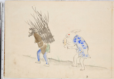 ambiguous_anthro ambiguous_gender anthro biped blue_clothing brown_clothing clothed clothed_ambiguous clothed_anthro clothing duo floral_print grey_body holding_object long_ears plantigrade side_view whiskers white_body utagawa_hiroshige public_domain canid lagomorph leporid mammal rabbit 19th_century absurd_res ancient_art hi_res painting_(artwork) traditional_media_(artwork) traditional_painting_(artwork) traditional_watercolor_(artwork) watercolor_(artwork)