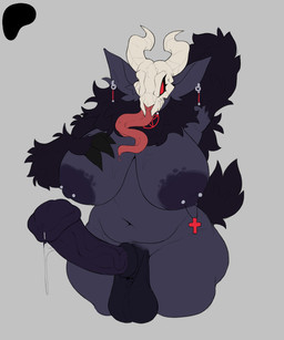 animal_genitalia animal_penis anthro areola balls barbell_piercing big_breasts black_areola black_body black_fur black_nipples blotchy_areola bodily_fluids bone breasts curved_horn dripping ear_piercing ear_ring equine_genitalia equine_penis erection flared_penis fur genital_fluids genital_raphe genitals grey_background gynomorph half-closed_eyes horn huge_breasts intersex long_tongue medial_ring narrowed_eyes nipple_barbell nipple_dip nipple_piercing nipples penis piercing precum precum_drip precum_string raphe_(anatomy) ring_piercing scrotal_raphe simple_background skull skull_head slightly_chubby slightly_chubby_anthro slightly_chubby_gynomorph slightly_chubby_intersex solo thick_thighs tongue wide_hips zeo_(artist) bovid caprine caprine_demon demon goat_demon mammal absurd_res hi_res