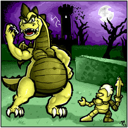 armor black_eyes border castle claws cloud fangs key knight moon navel night open_mouth scales slightly_chubby smile teeth warrior white_border yellow_body yellow_scales bryan_ness_3 adventure_(atari_2600) atari mythology protagonist_(adventure) yorgle bat dragon human mammal mythological_creature mythological_scalie scalie 1:1