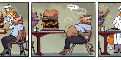 anthro belly big_belly blue_clothing blue_shirt blue_topwear brown_body brown_fur burger chair clothing food fur furniture group horn inside male orange_body orange_fur overweight shirt sitting speech_bubble table tail tail_tuft text topwear tuft weight_gain 934 bovid bovine canid canine cattle fox mammal 2019 absurd_res comic english_text hi_res