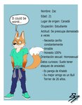 anthro canadian clothing dialogue eyewear fluffy fluffy_tail fur glasses male orange_body orange_fur slim solo sweater tail text topwear sybervenn zac_(sybervenn) canid canine fox mammal absurd_res english_text hi_res model_sheet spanish_text translated