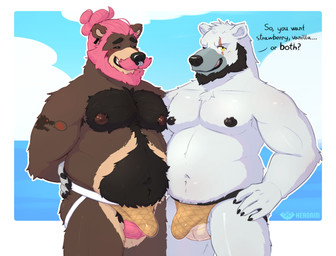 anthro armpit_hair beach beard blush body_hair bulge chest_hair clothed clothing duo erection eye_scar eyebrows eyes_closed facial_hair facial_piercing facial_scar fur grabbing_waist hair jockstrap jockstrap_only looking_at_viewer male male/male multicolored_body muscular muscular_male mustache nipples nose_piercing overweight overweight_male pecs piercing pink_hair pubes scar septum_piercing simple_background smile tattoo text thick_thighs topless underwear underwear_only white_body white_fur yellow_eyes heronin868 jolan_joestar ronin_(heronin868) bear mammal polar_bear ursine english_text hi_res