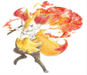 3_fingers 3_toes ambiguous_anthro ambiguous_gender anthro arm_tuft big_tail biped black_body black_fur cheek_tuft chest_tuft digitigrade dipstick_tail elemental_manipulation facial_tuft feet fingers fire fire_manipulation flat_chested fluffy fluffy_tail front_view fur hip_tuft holding_object holding_stick inner_ear_fluff markings mouth_closed multicolored_body multicolored_fur nude_ambiguous nude_anthro on_one_leg orange_body orange_eyes orange_fur orange_inner_ear_fluff orange_nose orange_tail_tip pointy_ears prick_ears raised_arm shoulder_tuft simple_background solo standing stick tail tail_markings tapering_snout toes tuft two_tone_tail white_background white_body white_fur yellow_body yellow_fur yellow_tail moegi nintendo pokemon braixen canid generation_6_pokemon mammal pokemon_(species) 2016 colored digital_media_(artwork) digital_painting_(artwork) full-length_portrait japanese_description painting_(artwork) portrait shaded