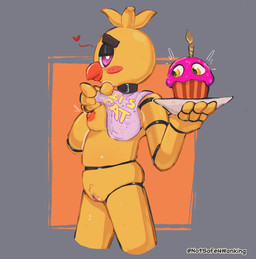 anthro beak bib bottomless breasts clothed clothing clothing_lift cupcake female food genitals heart_symbol looking_at_viewer machine metallic_body mostly_nude nipple_outline nipples plate presenting presenting_breasts purple_eyes shirt shirt_lift solo standing text topwear vulva notsafeforwanking five_nights_at_freddy's scottgames chica_(fnaf) classic_chica_(fnaf) animatronic avian bird chicken galliform phasianid robot hi_res