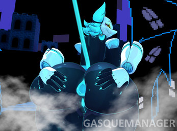 anthro anus big_butt black_body blue_anus blue_hair blue_tail blue_vulva butt fart fart_cloud fart_fetish farting_at_viewer female genitals hair hand_on_butt holding_butt huge_butt looking_at_viewer looking_back looking_back_at_viewer machine multicolored_body nude solo tail text thick_thighs vulva white_body wide_hips yellow_eyes gasquemanager cryptiacurves_(modeler) deltarune undertale_(series) tasque_manager felid feline mammal robot 2026 3d_(artwork) artist_name digital_media_(artwork)