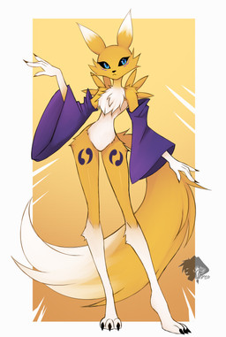 :< anthro arm_tuft armwear black_sclera blue_eyes bridal_gauntlets chest_tuft claws clothing countershade_torso countershading dipstick_ears dipstick_tail double_tomoe ear_markings female fur gloves_(marking) leg_markings long_legs markings multicolored_ears oversized_clothing shoulder_tuft slim small_waist socks_(marking) solo tail tail_markings tomoe_(symbol) tuft white_body white_fur yellow_body yellow_fur yin_yang skyversa bandai_namco digimon canid digimon_(species) mammal renamon 2026 absurd_res digital_drawing_(artwork) digital_media_(artwork) full-length_portrait hi_res portrait