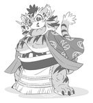 anthro cute_fangs fangs kemono male simple_background slightly_chubby solo sumo teeth white_background takajoh sengoku_puzzle raiden_shin'emon felid mammal pantherine tiger 2018 monochrome