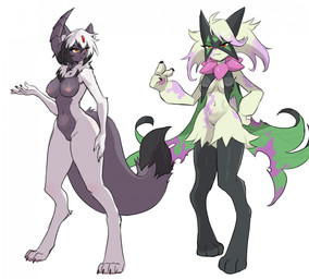 anthro areola biped blush breasts claws countershade_torso countershading duo feet female fingers front_view fur genitals hair horn navel nipples nude nude_anthro nude_female simple_background standing tail toes vulva tenebscuro nintendo pokemon absol generation_3_pokemon generation_9_pokemon meowscarada pokemon_(species) 2026 digital_drawing_(artwork) digital_media_(artwork) hi_res