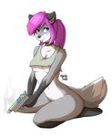 anthro biped blue_eyes bottomless breasts clothed clothing collar crop_top facial_markings female fur grey_body grey_fur gun hair head_markings kneeling markings nipple_outline ponytail purple_hair ranged_weapon shirt simple_background sitting solo tongue tongue_out topwear under_boob weapon white_background marblesoda syrth canid canine mammal digital_media_(artwork) hi_res