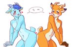 anthro ass_to_ass blue_body blue_hair blush buckteeth butt butt_bump dialogue duo femboy genitals hair heart_symbol horn inner_ear_fluff looking_at_viewer male male/male multicolored_body penis simple_background speech_bubble tail teeth tuft two_tone_body noruru3737 animal_crossing nintendo beau_(animal_crossing) sherb_(animal_crossing) bovid caprine deer goat mammal hi_res