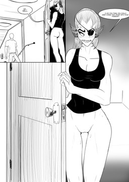 blush bottomless breasts butt cleavage clothed clothing dialogue doorway duo eye_patch eyewear female gills hair male nervous shy simple_background speech_bubble stuttering text thigh_gap captainjingo undertale undertale_(series) anon undyne aquatic fish human humanoid mammal monster absurd_res black_and_white comic english_text hi_res monochrome