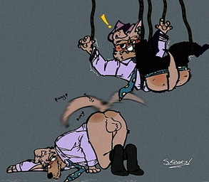 accessory anthro anus aroused backsack balls black_clothing black_footwear black_socks blush bound boxer_briefs butt clothing collared_shirt eager embarrassed footwear fur genitals grey_background grumpy hat head_down_ass_up headgear headwear male necktie penis purple_clothing purple_hat purple_headwear rope shirt simple_background socks solo tail tail_motion tailwag tan_body tan_fur topwear underwear vhs_filter skook! dog_city fox_kids nelvana sam_spayed canid canine canis domestic_dog mammal