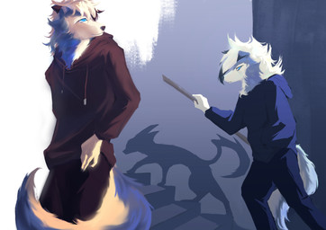ambiguous_gender anthro blue_body blue_eyes blue_fur clothing fur shadow solo stairs tail unknown_artist nintendo pokemon kian_(kianyemao) generation_7_pokemon lycanroc pokemon_(species) absurd_res hi_res
