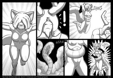 breasts captured dialogue female fight genitals nude vulva bear213 kuma's_tale tale_of_tails lillie_krasnie ailurid mammal red_panda absurd_res comic hi_res monochrome