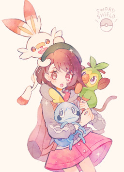 ambiguous_gender anthro backpack biped blue_body blue_eyes blue_skin bottomwear brown_eyes brown_hair button_dress carrying_another clothed clothing dress female feral frown fully_clothed fur green_body green_fur group hair hat headgear headwear membrane_(anatomy) open_mouth open_smile orange_body orange_fur pokeball simple_background smile standing starter_trio white_background white_body white_fur yellow_membrane ryokuno4 nintendo pokemon gloria_(pokemon) amphibian generation_8_pokemon grookey human lagomorph mammal pokemon_(species) primate scorbunny sobble 2019