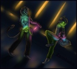 anthro barefoot biped black_border border clothing collar dancing darkness duo dutch_angle feet front_view gloves glowing glowstick glowsticking glowstringing handwear happy male mane on_one_leg open_mouth paws rave side_view standing tail tail_wraps wraps zambuka canid canine canis domestic_dog felid lion mammal pantherine digital_media_(artwork) full-length_portrait portrait