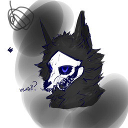 animal_skull anthro black_body black_fur black_sclera blue_eyes bone fluffy fur male monotone_background pointy_ears profanity sharp_teeth simple_background skull skull_head slur solo teeth text white_background deathwolf2913 zefirich canid canine mammal monster skulldog_(species) 1:1 digital_media_(artwork)