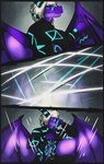 abs anthro athletic blue_eyes blue_markings clothing countershading hair hoodie katana male markings melee_weapon pecs purple_body solo sword topwear weapon white_hair wings 0l-fox-l0 mythology grydir_dacanoor_(griffonki) dragon mythological_creature mythological_scalie scalie absurd_res comic hi_res