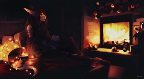 anthro black_bottomwear black_clothing black_hair black_pants black_topwear blue_eyes book bottomwear brown_body brown_fur christmas_decorations closed_smile clothed clothing dim_lighting eyelashes female fireplace fur glistening glistening_eyes hair holding_book holding_object inside long_hair markings mouth_closed orange_body orange_fur pants side_view sitting slight_smile smile solo string_lights striped_markings striped_tail stripes tail tail_markings text topwear white_body white_fur unknowhiter 2017 artist_name full-length_portrait portrait