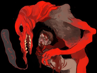 2_missing_limbs amputee black_background blood bodily_fluids brown_hair disability double_amputee duo gore hair male missing_all_arms missing_arm nightmare_fuel nude red_body red_skin simple_background teeth text wounded yolk_(artist) human mammal unknown_species 4:3 english_text