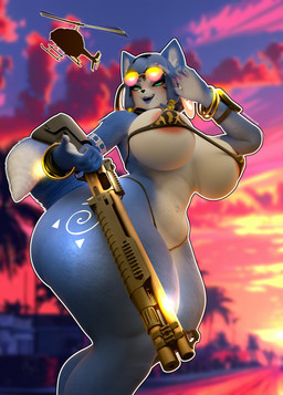 5_fingers aircraft anthro big_breasts big_butt bikini blue_body blue_eyes blue_fur blue_lipstick bracelet breasts butt clothing curvy_figure eyewear female fingers fur gun helicopter holding_gun holding_object holding_ranged_weapon holding_shotgun holding_weapon huge_breasts huge_butt jewelry lipstick makeup multicolored_body multicolored_fur open_mouth open_smile outside ranged_weapon shotgun smile solo standing sunglasses sunset swimwear tail teeth thick_thighs two-piece_swimsuit vehicle voluptuous voluptuous_anthro voluptuous_female weapon white_body white_fur wide_hips mechanicalstage dogzeela_(modeler) nintendo star_fox krystal_(star_fox) canid canine fox mammal 3d_(artwork) absurd_res digital_media_(artwork) hi_res