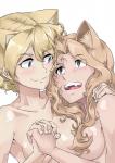 alternate_species bangs blonde_hair blue_eyes blush braided_hair breasts collarbone convenient_censorship duo eye_contact eyebrow_through_hair eyebrows face_to_face fangs female female/female flesh_fang glistening glistening_body glistening_skin hair hair_covering_breasts hand_holding hug humanoid_on_humanoid humanoidized interlocked_fingers long_hair looking_at_another nude open_mouth side_boob simple_background skin_fang smile teeth tied_hair tongue translucent translucent_hair wavy_hair white_background kiriko_works girls_und_panzer darjeeling_(gup) kay_(gup) animal_humanoid cat_humanoid felid felid_humanoid feline feline_humanoid humanoid mammal mammal_humanoid 2016 censored hi_res