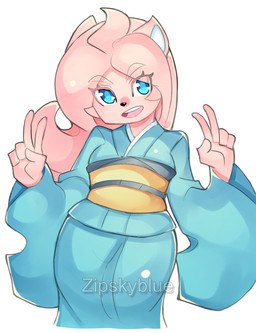 anthro asian_clothing blue_clothing clothing east_asian_clothing female fur gesture hand_gesture japanese_clothing kimono pink_body pink_fur solo v_sign zipskyblue meredith_(zipskyblue) felid feline mammal hi_res