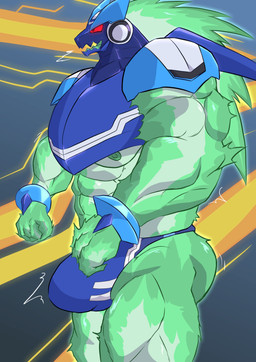 abs anthro armor barazoku biceps big_bulge big_muscles blue_clothing blue_underwear bulge clothing cybernetics detailed_bulge glowing glowing_body green_body machine male muscular muscular_anthro muscular_male nipples open_mouth red_eyes solo underwear geryorias capcom mega_man_(series) mega_man_star_force omega-xis alien cyborg em_being absurd_res hi_res
