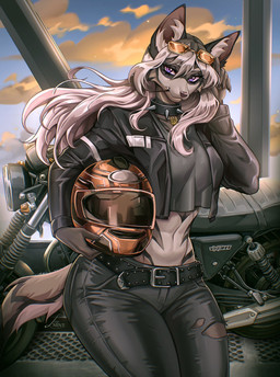 5_fingers anthro armor belt bottomwear breasts claws clothing collar crop_top eyelashes eyewear facial_markings female finger_claws fingers hair head_markings headgear helmet holding_armor holding_headgear holding_helmet holding_object jacket jewelry leaning leather leather_clothing leather_jacket leather_topwear long_hair looking_at_viewer markings midriff motorcycle motorcycle_helmet necklace outside pants purple_eyes raised_arm shirt sky solo spiked_collar spikes studded_belt studs sunglasses tail thick_thighs toothpick topwear torn_bottomwear torn_clothing torn_pants vehicle white_hair wide_hips lisaamint canid canine canis mammal wolf 2025 digital_media_(artwork) hi_res watermark