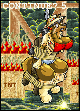 anthro big_breasts black_border black_hair boots border bottomwear bound box breasts brown_body brown_fur chair clothing container continue crop_top dynamite explosives female footwear fur furniture fuse gloves hair handwear hat headgear headwear jacket lit_fuse question_mark rope shirt shoes shorts sitting solo teeth text topwear virus-20 june_coyote canid canine canis coyote mammal 2011 digital_media_(artwork) english_text