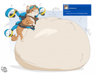 abdominal_bulge belly big_belly countershade_face countershade_torso countershading eyelashes eyes_closed eyewear eyewear_on_head female feral floating fur game_ui goggles goggles_on_head huge_belly hyper hyper_belly jet_pack orange_body orange_fur overweight overweight_female overweight_feral solo stripes struggling struggling_to_lift tail technology text whiskers guzzlord420 blizzard_entertainment overwatch fika_(overwatch) domestic_cat felid feline felis mammal 2026 digital_drawing_(artwork) digital_media_(artwork) english_text hi_res meme