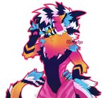 2024 4_fingers absurd_res anthro arm_tuft artist_logo artist_name bared_teeth big_ears black_body black_fur black_pawpads blue_body blue_fur blue_inner_ear_fluff canine_teeth cel_shading cheek_tuft chest_tuft claws complex_markings countershade_tail countershade_torso countershading dragon dropshadow elbow_tuft facial_markings facial_tuft featureless_crotch female finger_tuft fingerless_(marking) fingers fur furred_dragon furred_scalie gloves_(marking) gradient_fur hair hand_on_hip head_markings head_tuft hi_res inner_ear_fluff logo long_tail looking_at_viewer mane markings miicchii mohawk multicolored_body multicolored_fur multicolored_teeth mythological_creature mythological_scalie mythology nude one_eye_obstructed orange_body orange_fur pawpads pink_body pink_eyes pink_fur pink_pawpads reverse_countershading scalie shaded signature simple_background smiling_dragon solo spots standing striped_hair striped_markings stripes tail tail_ridge tail_tuft teeth three-quarter_view tuft waist_tuft white_background white_body white_fur wrist_tuft xeregus yellow_claws yellow_teeth