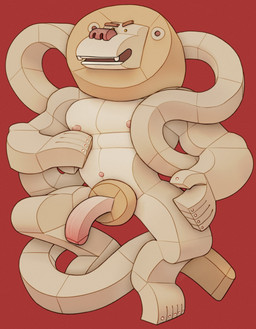 abstract_art anthro brutalism cubism genitals glans half-erect long_penis long_pubes long_tail male mane muscular muscular_male pecs penis pink_glans pubes simple_background smile solo tail ravuer felid lion mammal pantherine absurd_res hi_res
