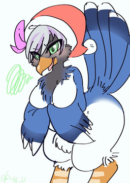 anthro arm_under_breasts beak big_butt black_body black_feathers blue_body blue_feathers blush braided_hair breasts butt cheek_tuft christmas_clothing christmas_headwear clothing facial_tuft feathers female fluffy green_eyes hair hat hat_only headgear headgear_only headwear headwear_only holidays looking_at_viewer medium_breasts mostly_nude mostly_nude_female neck_tuft non-mammal_breasts open_beak open_mouth orange_beak ponytail santa_hat scuted_legs scutes simple_background small_waist solo standing stripes tail tail_feathers thick_thighs tongue tuft white_body white_feathers wide_hips wings winter_coat qb_dayoo christmas cissa_(idorrth) avian bird corvid magpie_(corvid) oscine passerine digital_media_(artwork) hi_res portrait three-quarter_portrait