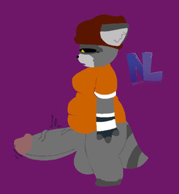 anthro balls beanie belly big_balls big_penis bottomless bottomless_gynomorph bottomless_intersex breasts clothed clothing confusion erection fur genitals grey_body grey_fur gynomorph hat headgear headwear huge_balls huge_penis humanoid_genitalia humanoid_penis hyper hyper_genitalia hyper_penis intersex markings penis purple_background shirt side_view simple_background solo standing striped_markings striped_tail stripes tail tail_markings throbbing throbbing_penis topwear vein veiny_penis namelesslads nemppy mammal procyonid raccoon