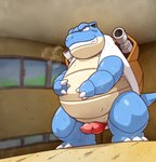 anthro blue_body bodily_fluids detailed_background genitals inside kemono male overweight overweight_anthro overweight_male penis shoulder_cannon solo sweat unagi_bukuro nintendo pokemon blastoise generation_1_pokemon pokemon_(species) 2020